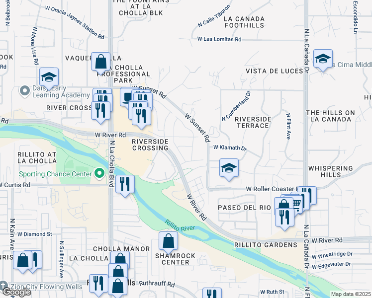 map of restaurants, bars, coffee shops, grocery stores, and more near 1897 West River Otter Drive in Tucson