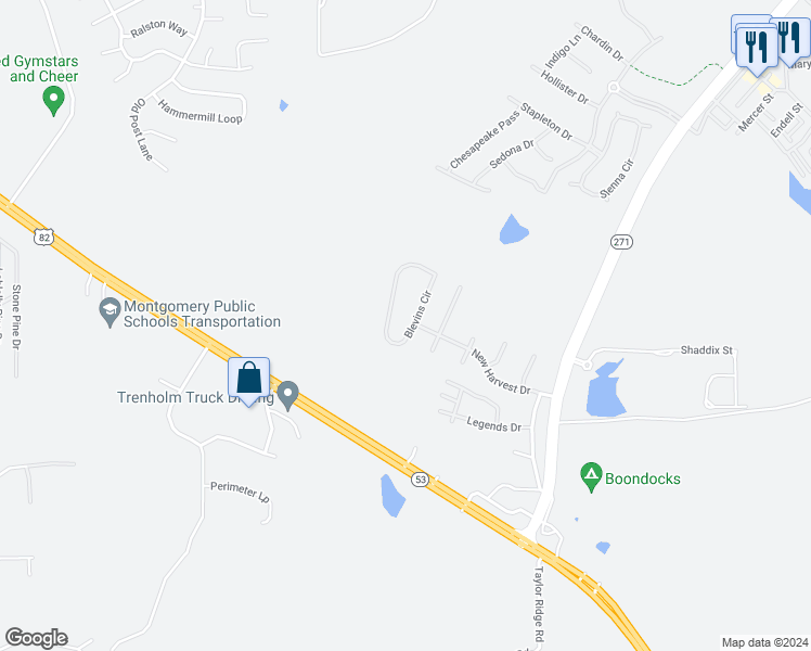 map of restaurants, bars, coffee shops, grocery stores, and more near 5518 New Harvest Drive in Montgomery