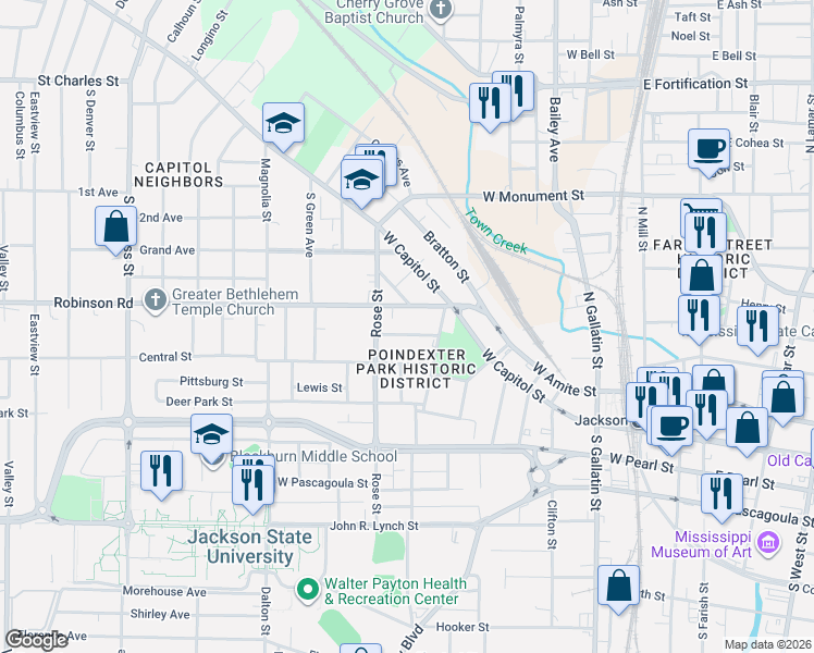 map of restaurants, bars, coffee shops, grocery stores, and more near 916 Hunt Street in Jackson