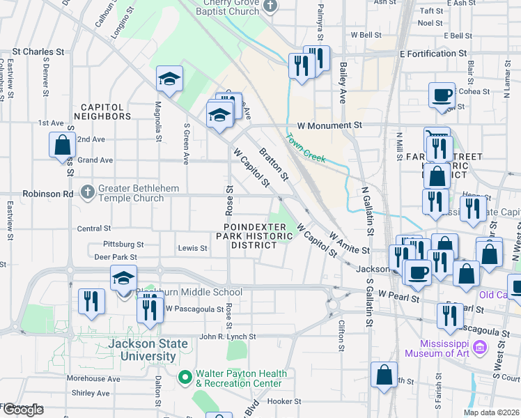 map of restaurants, bars, coffee shops, grocery stores, and more near 916 Hunt St in Jackson