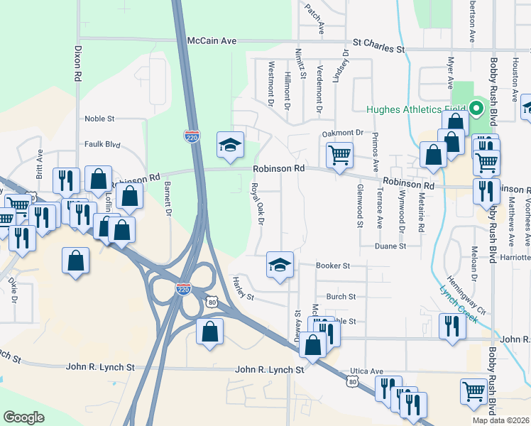 map of restaurants, bars, coffee shops, grocery stores, and more near 944 Royal Oak Drive in Jackson
