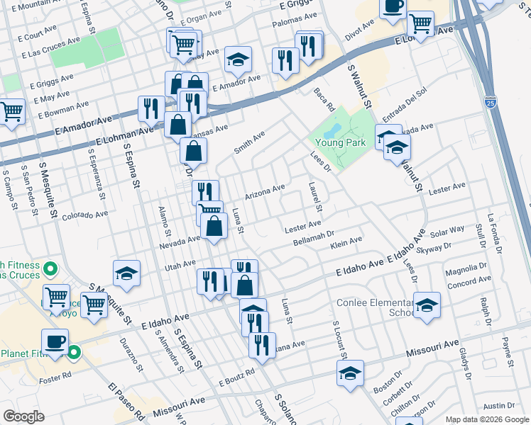 map of restaurants, bars, coffee shops, grocery stores, and more near 960 Rio Grande Street in Las Cruces