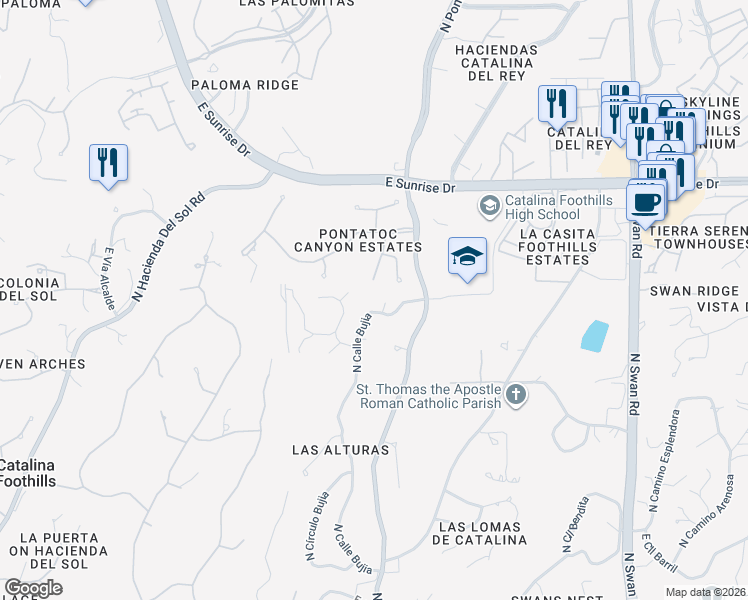 map of restaurants, bars, coffee shops, grocery stores, and more near 5321 North Calle Bujia in Tucson