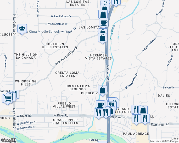 map of restaurants, bars, coffee shops, grocery stores, and more near 704 West Cresta Loma Drive in Tucson