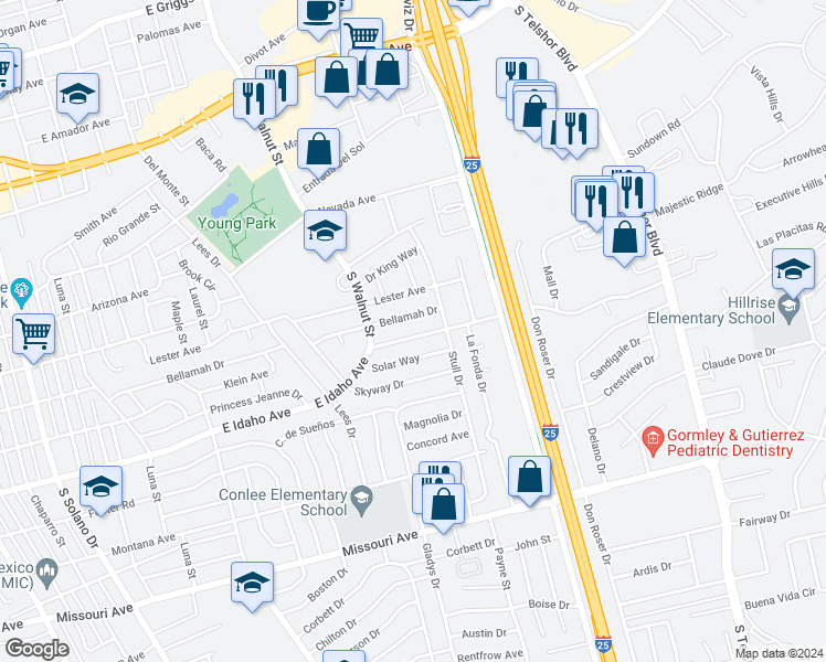 map of restaurants, bars, coffee shops, grocery stores, and more near 2341 East Idaho Avenue in Las Cruces