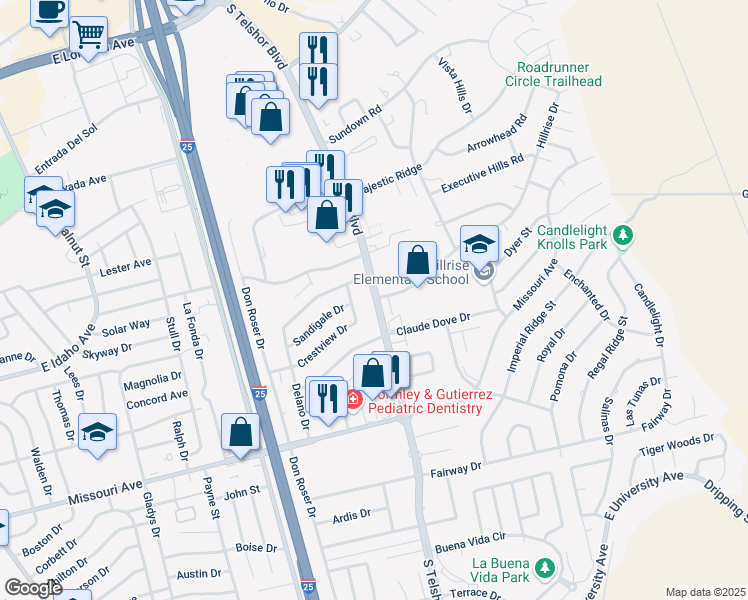 map of restaurants, bars, coffee shops, grocery stores, and more near 1400 South Telshor Boulevard in Las Cruces