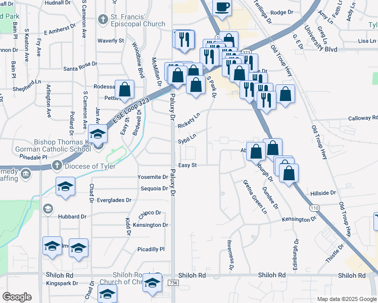 map of restaurants, bars, coffee shops, grocery stores, and more near 1909 Sybil Lane in Tyler