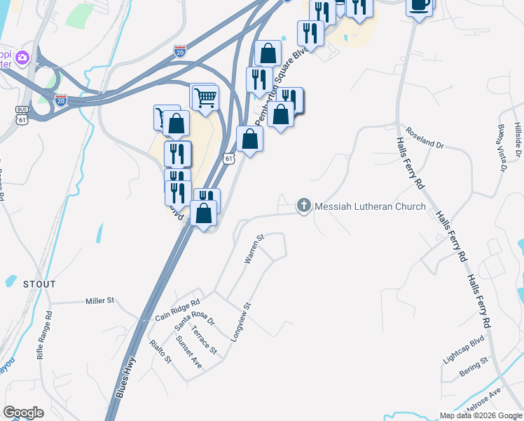 map of restaurants, bars, coffee shops, grocery stores, and more near 311 Cain Ridge Road in Vicksburg
