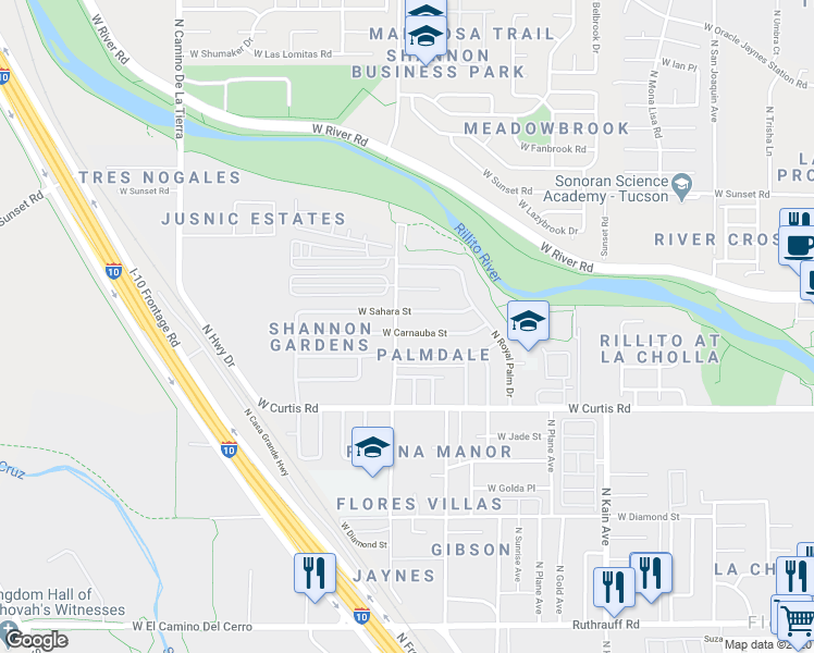 map of restaurants, bars, coffee shops, grocery stores, and more near 2858 West Carnauba Street in Tucson
