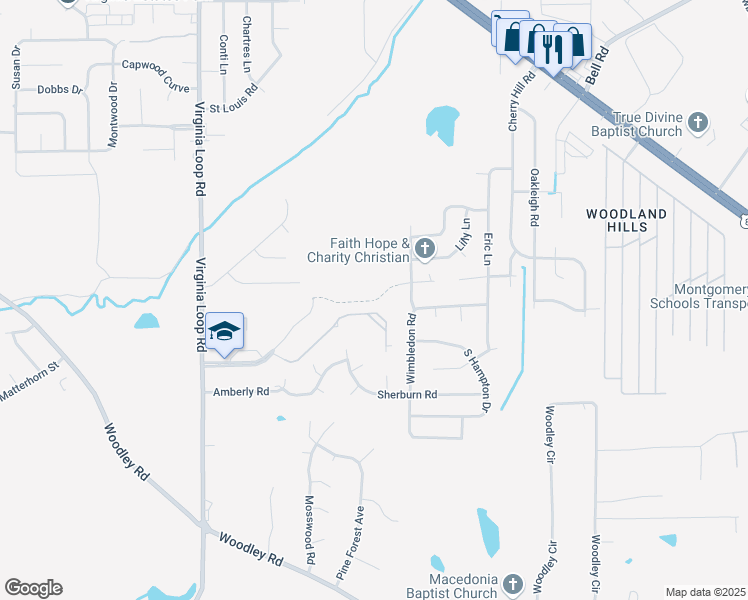 map of restaurants, bars, coffee shops, grocery stores, and more near Pineview Walking Trail in Montgomery