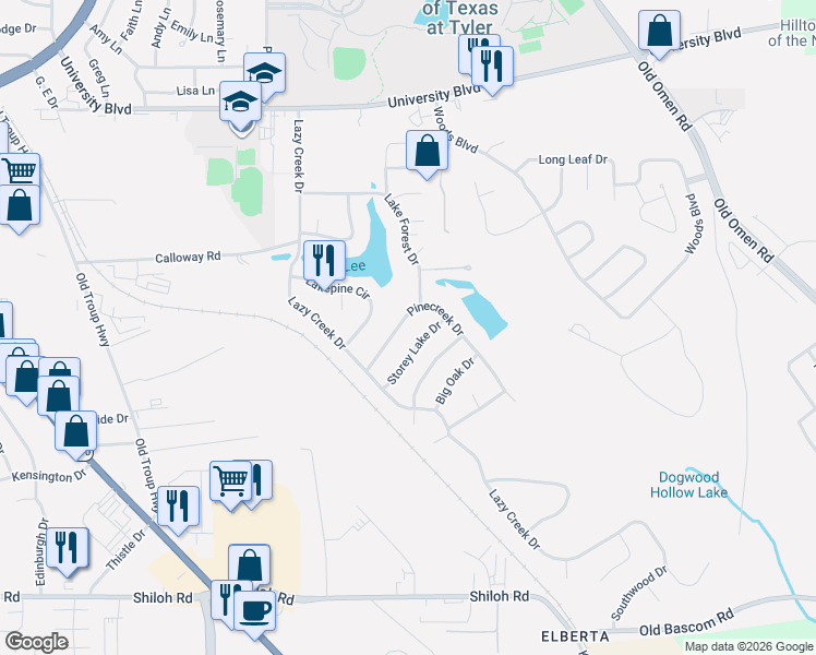 map of restaurants, bars, coffee shops, grocery stores, and more near 3311 Pinecreek Drive in Tyler