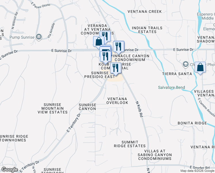 map of restaurants, bars, coffee shops, grocery stores, and more near 5372 North Strada De Rubino in Tucson