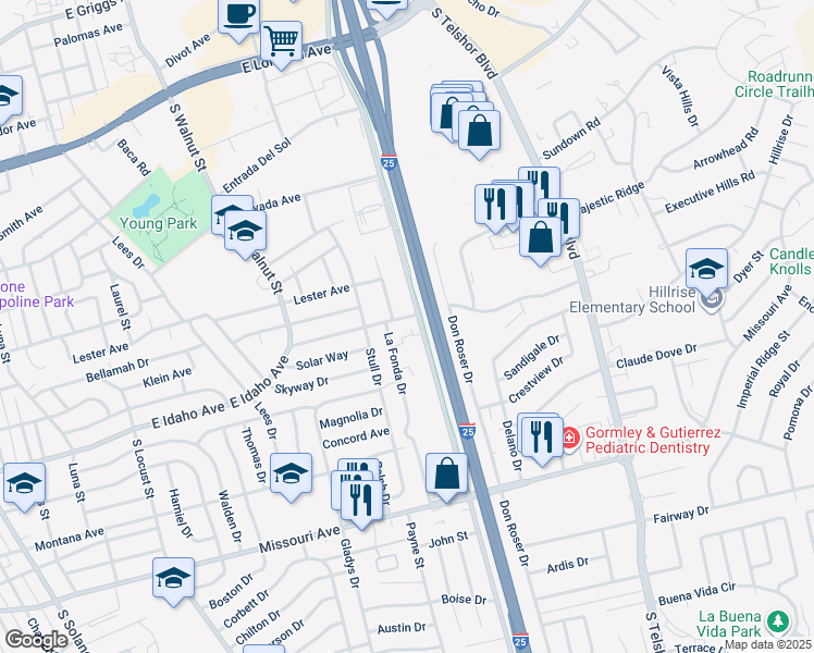 map of restaurants, bars, coffee shops, grocery stores, and more near 1217D La Fonda Drive in Las Cruces