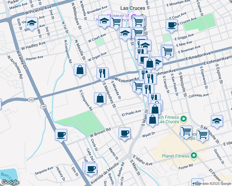 map of restaurants, bars, coffee shops, grocery stores, and more near 540 South Miranda Street in Las Cruces