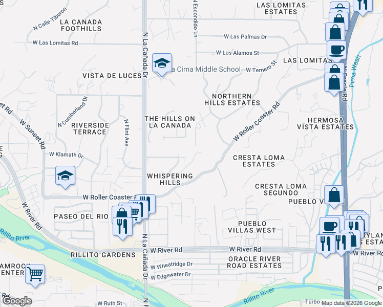map of restaurants, bars, coffee shops, grocery stores, and more near 1200 West Whispering Hills Drive in Tucson