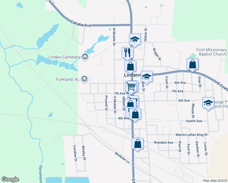 map of restaurants, bars, coffee shops, grocery stores, and more near 302 South Mobile Street in Linden
