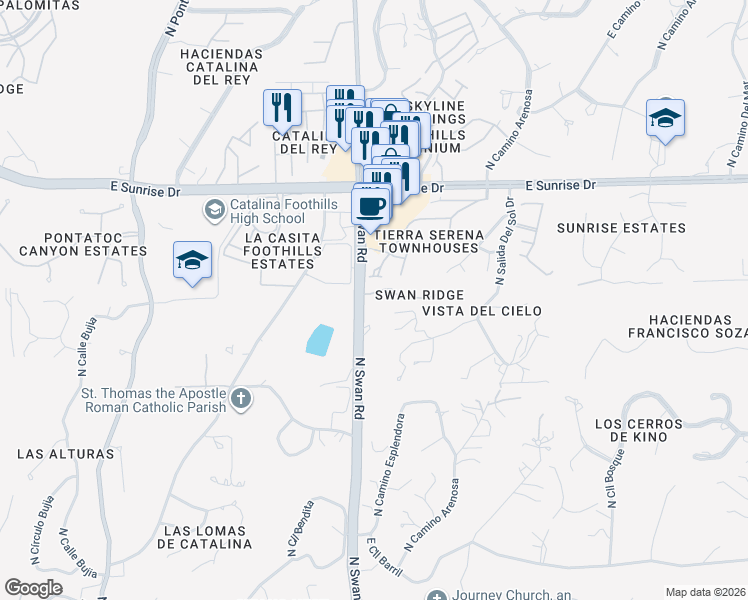 map of restaurants, bars, coffee shops, grocery stores, and more near 4730 East Kelsea Place in Tucson