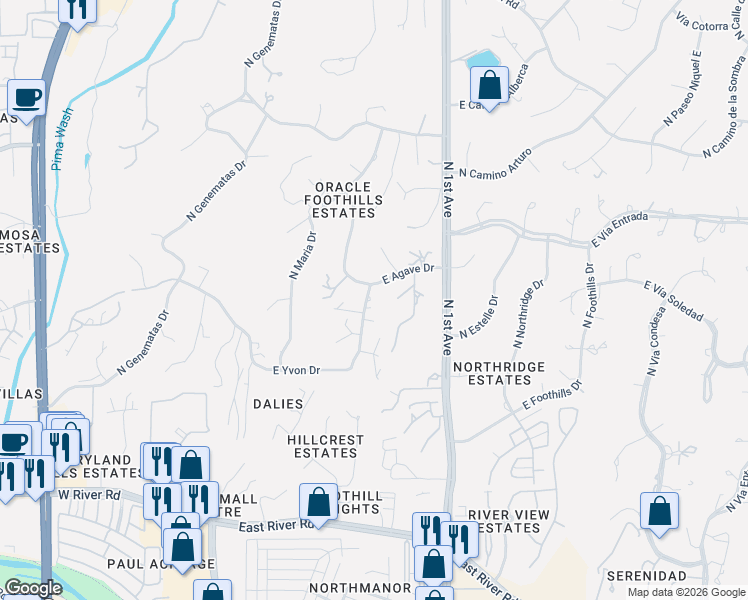 map of restaurants, bars, coffee shops, grocery stores, and more near 460 East Yvon Drive in Tucson