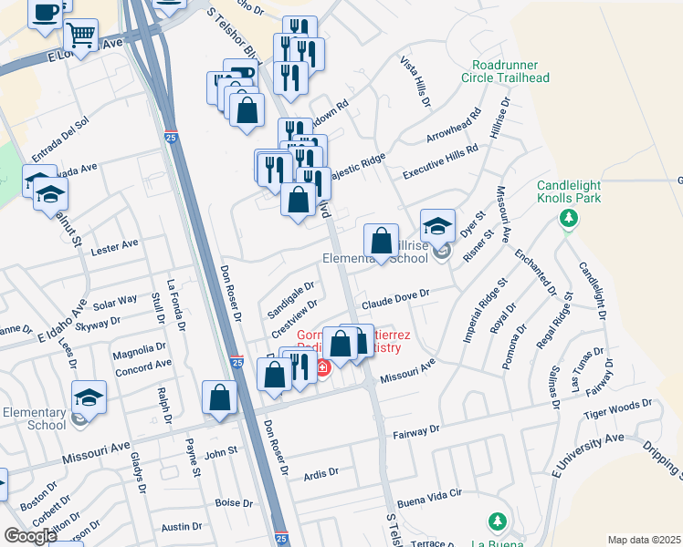 map of restaurants, bars, coffee shops, grocery stores, and more near 1400 South Telshor Boulevard in Las Cruces