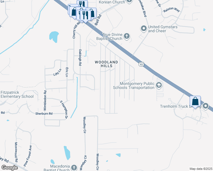 map of restaurants, bars, coffee shops, grocery stores, and more near 5217 Jack Pine Drive in Montgomery