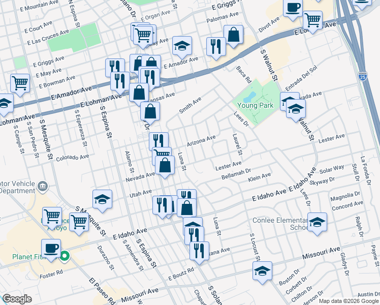 map of restaurants, bars, coffee shops, grocery stores, and more near 916 Mimbres Street in Las Cruces