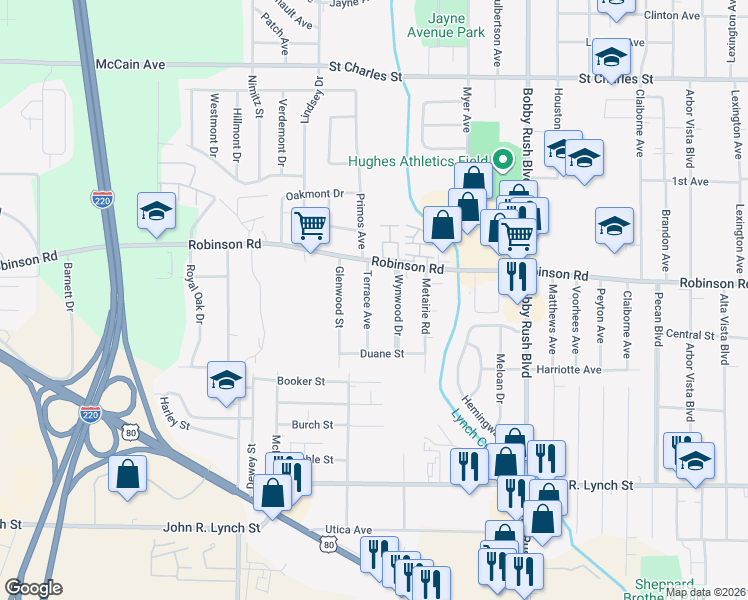 map of restaurants, bars, coffee shops, grocery stores, and more near 1004 Terrace Avenue in Jackson