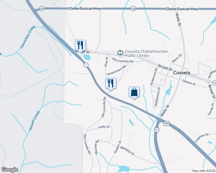 map of restaurants, bars, coffee shops, grocery stores, and more near 155 Georgia 520 in Cusseta
