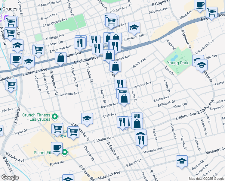 map of restaurants, bars, coffee shops, grocery stores, and more near 1250-1298 Arizona Avenue in Las Cruces