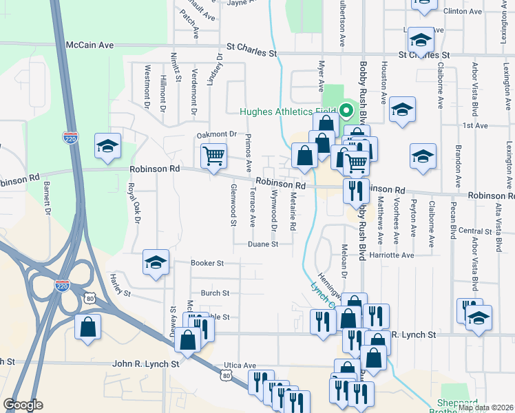 map of restaurants, bars, coffee shops, grocery stores, and more near 1004 Terrace Avenue in Jackson