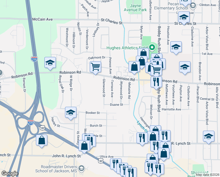 map of restaurants, bars, coffee shops, grocery stores, and more near 1004 Glenwood Street in Jackson