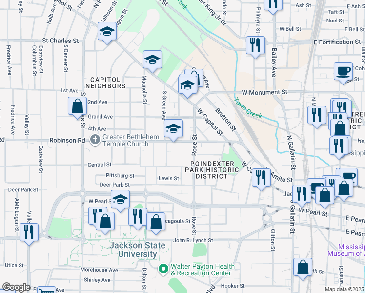 map of restaurants, bars, coffee shops, grocery stores, and more near 1017 Robinson Street in Jackson