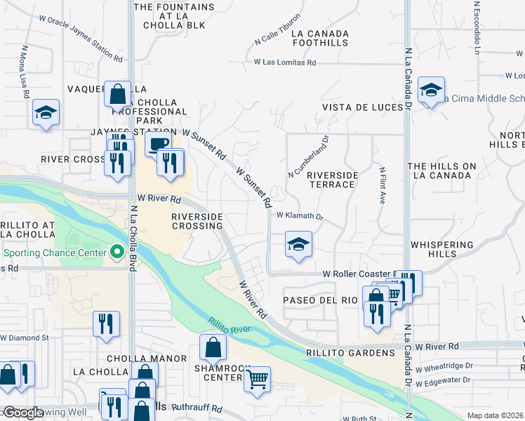 map of restaurants, bars, coffee shops, grocery stores, and more near 5338 North Mesquite Bosque Way in Tucson
