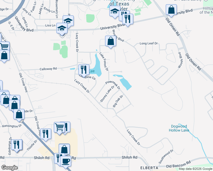 map of restaurants, bars, coffee shops, grocery stores, and more near 3405 Pinecreek Drive in Tyler