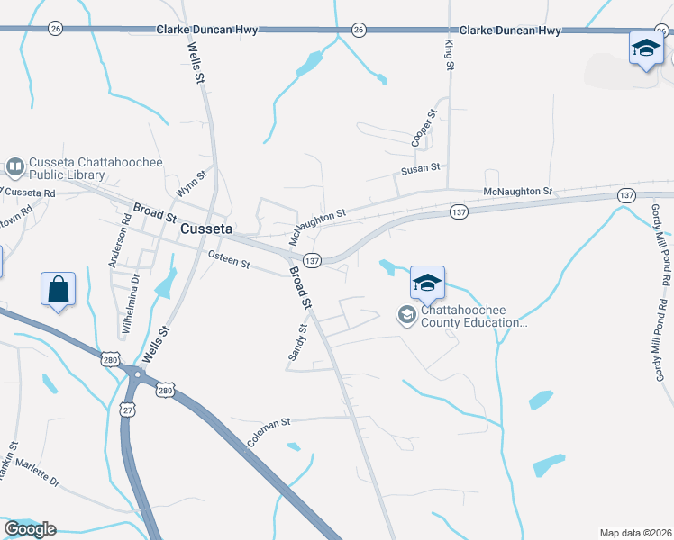 map of restaurants, bars, coffee shops, grocery stores, and more near 111 Nelson Road in Cusseta