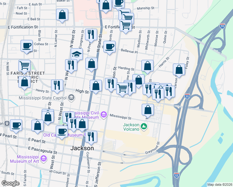 map of restaurants, bars, coffee shops, grocery stores, and more near 929-943 High Street in Jackson