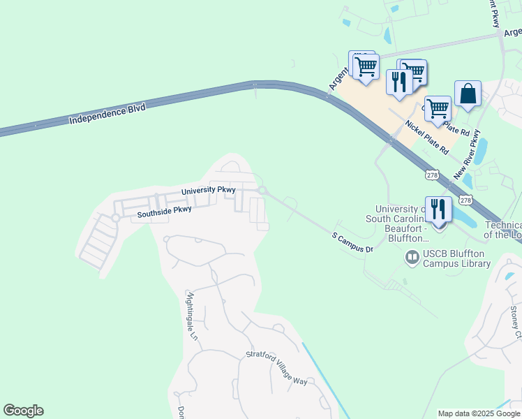 map of restaurants, bars, coffee shops, grocery stores, and more near 216 College Lane in Bluffton