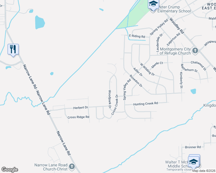 map of restaurants, bars, coffee shops, grocery stores, and more near 3433-3437 Woodpark Drive in Montgomery