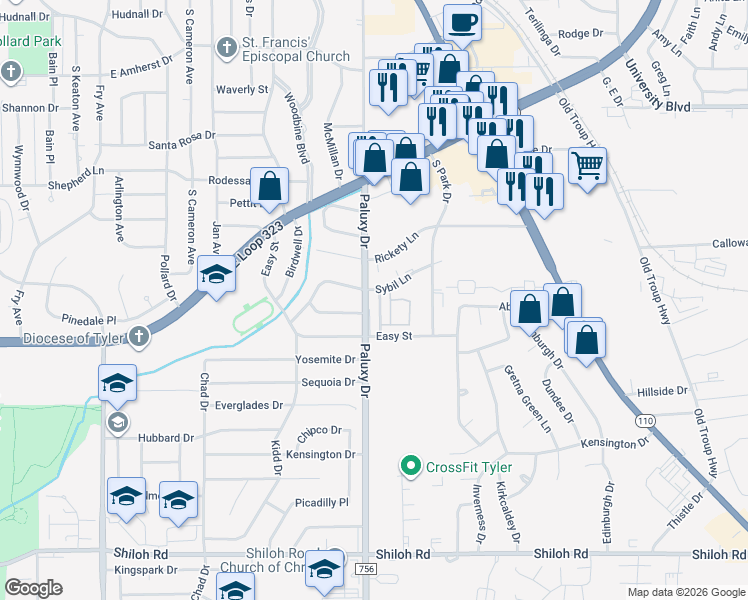 map of restaurants, bars, coffee shops, grocery stores, and more near 4205 Park Place in Tyler