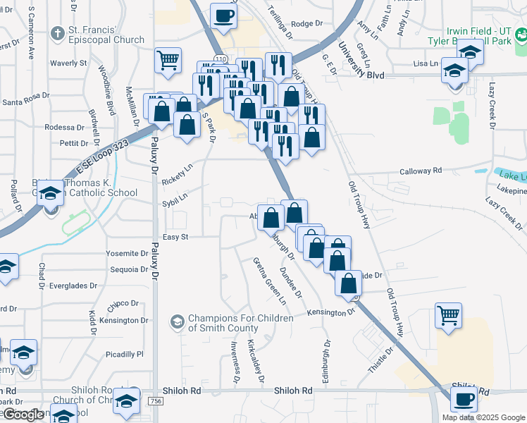 map of restaurants, bars, coffee shops, grocery stores, and more near 2316 Aberdeen Drive in Tyler