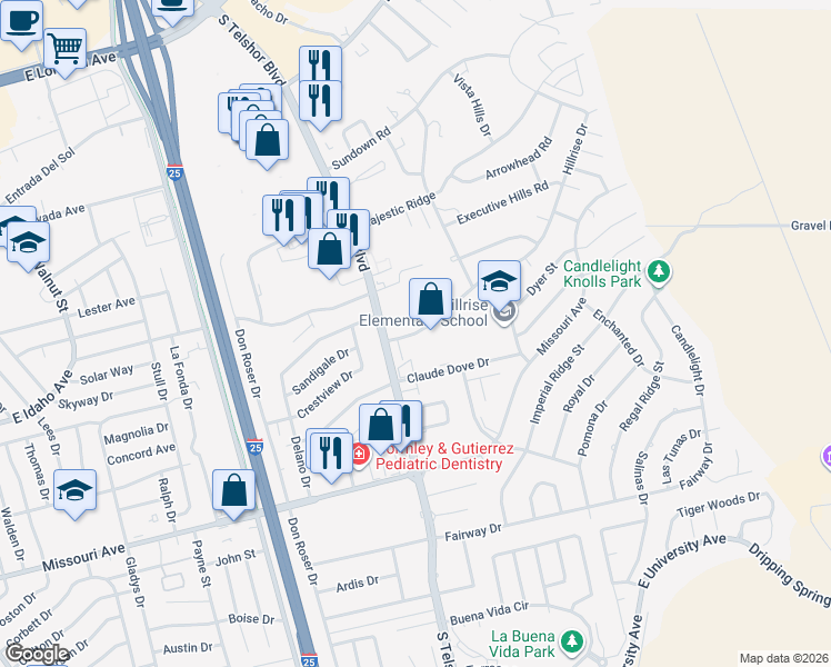 map of restaurants, bars, coffee shops, grocery stores, and more near 2908 Hillrise Drive in Las Cruces