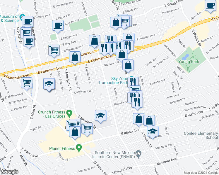map of restaurants, bars, coffee shops, grocery stores, and more near 807 South Espina Street in Las Cruces
