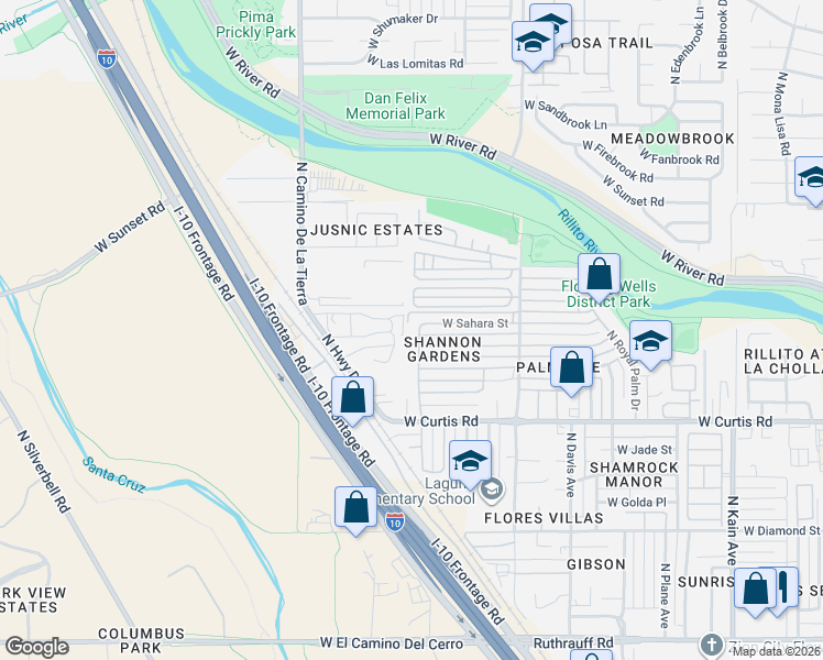 map of restaurants, bars, coffee shops, grocery stores, and more near 5333 North Emerald Avenue in Tucson