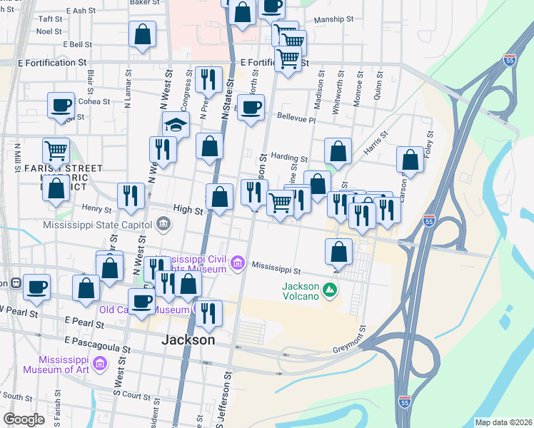 map of restaurants, bars, coffee shops, grocery stores, and more near 929-943 High Street in Jackson