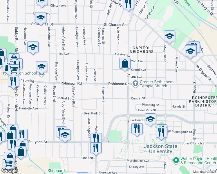map of restaurants, bars, coffee shops, grocery stores, and more near 730 Eastview Street in Jackson