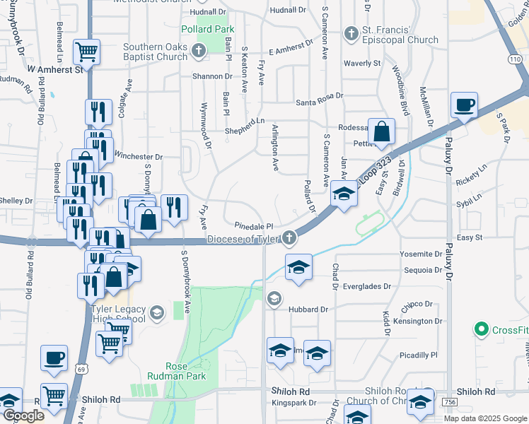 map of restaurants, bars, coffee shops, grocery stores, and more near 902 Pinedale Place in Tyler