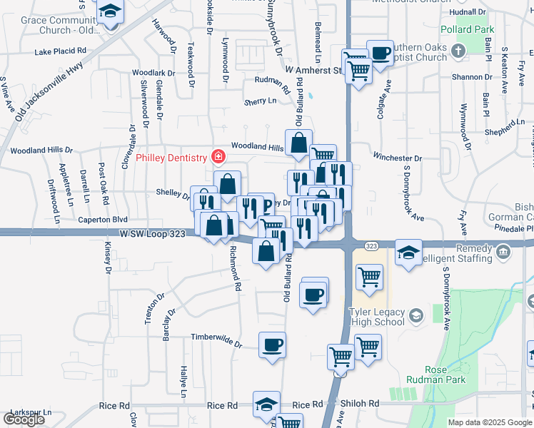 map of restaurants, bars, coffee shops, grocery stores, and more near 552 Towne Oaks Drive in Tyler