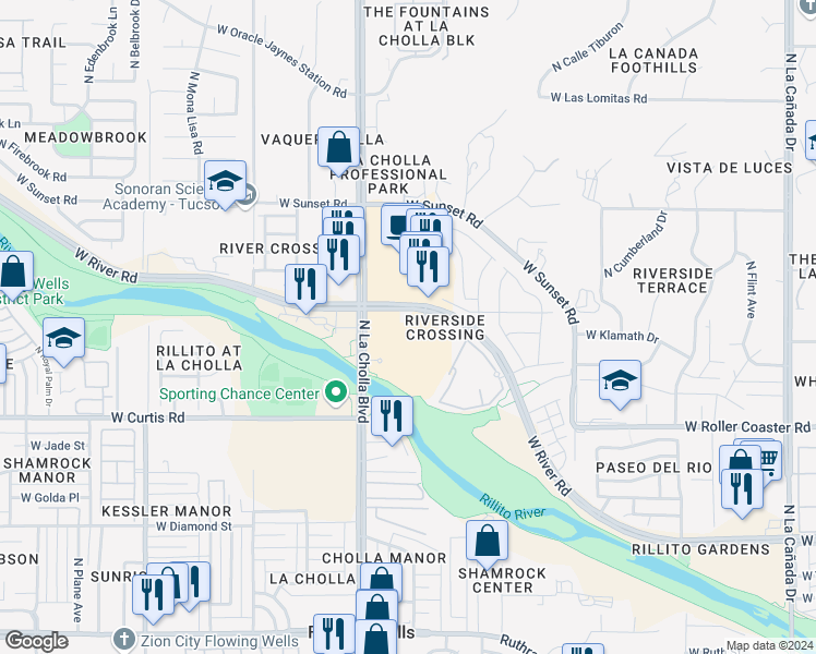 map of restaurants, bars, coffee shops, grocery stores, and more near 2015 West River Road in Tucson