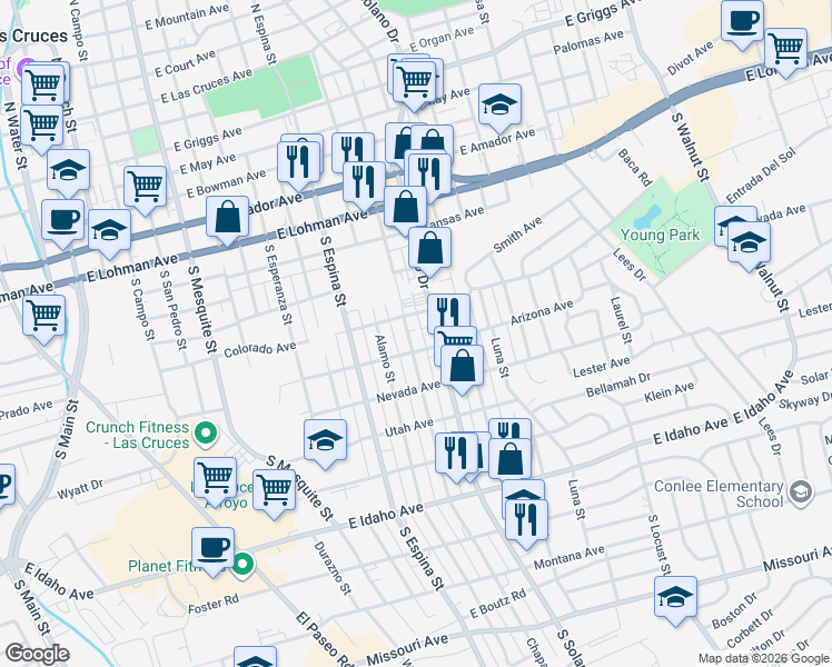 map of restaurants, bars, coffee shops, grocery stores, and more near 1250-1298 Arizona Avenue in Las Cruces