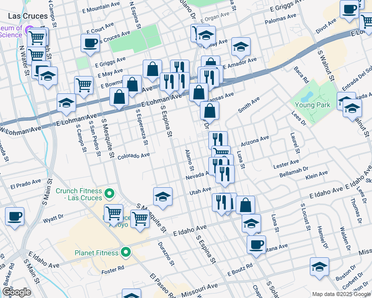 map of restaurants, bars, coffee shops, grocery stores, and more near 806 Alamo Street in Las Cruces