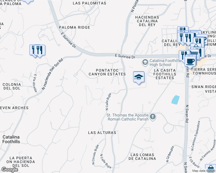 map of restaurants, bars, coffee shops, grocery stores, and more near 5321 North Calle Bujia in Tucson
